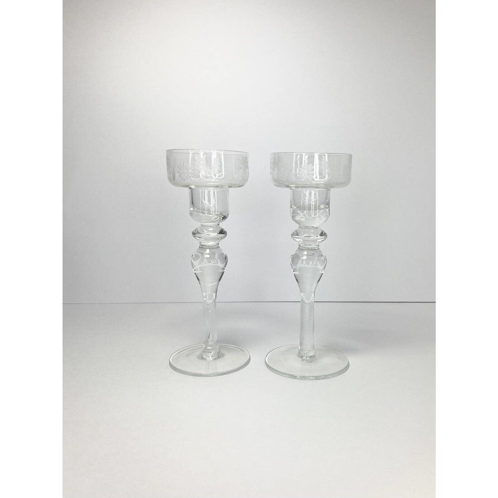 Set of 2 VTG ca. 1970’s Glass Lead Matching Floral Etched Candle Holders, 7 3/4”